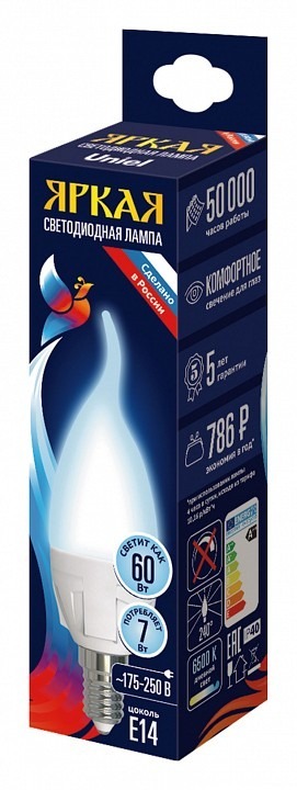 Фото Лампа светодиодная Uniel яркая E14 7Вт 6500K UL-00011016 UL_UL-00011016 - интернет-магазин МегаТерем в Москве