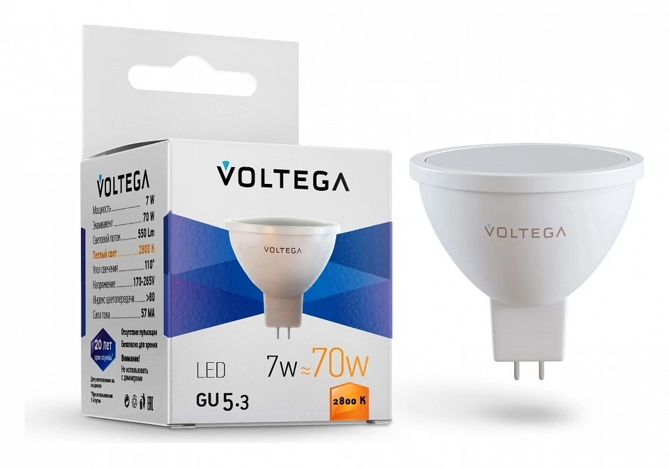 Фото Лампа светодиодная Voltega Софит (Sofit) GU5.3 GU5.3 7Вт 2800K 7058 VLG_7058 - интернет-магазин МегаТерем в Москве