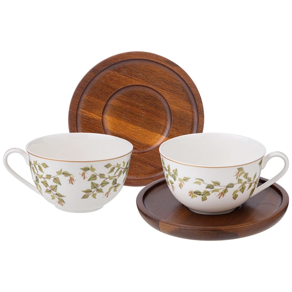 Фото Чайный набор lefard березкина 2 пер. 4 пр. 300 мл на дерев. блюдце (85-2019) - интернет-магазин МегаТерем в Москве