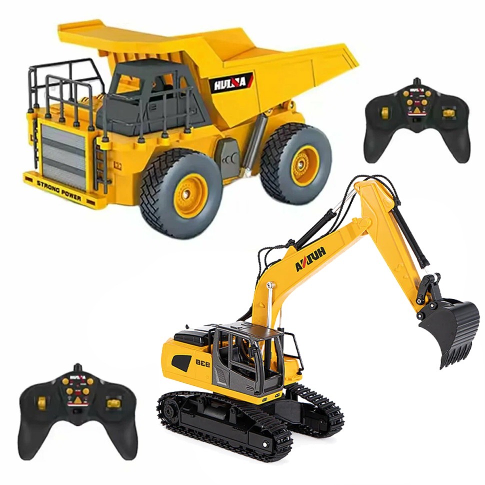 Фото Радиоуправляемый набор экскаватор и самосвал Huina (свет, звук, акб, 1:24) (HN1559-YELLOW) - интернет-магазин МегаТерем в Москве