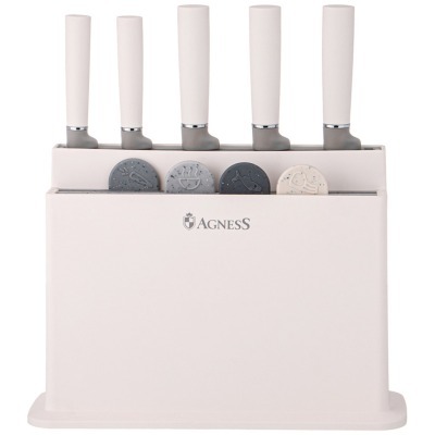 Набор agness из 10пр: 5 ножей, 4 доски и подставка, цвет: бело-серый (671-212) 