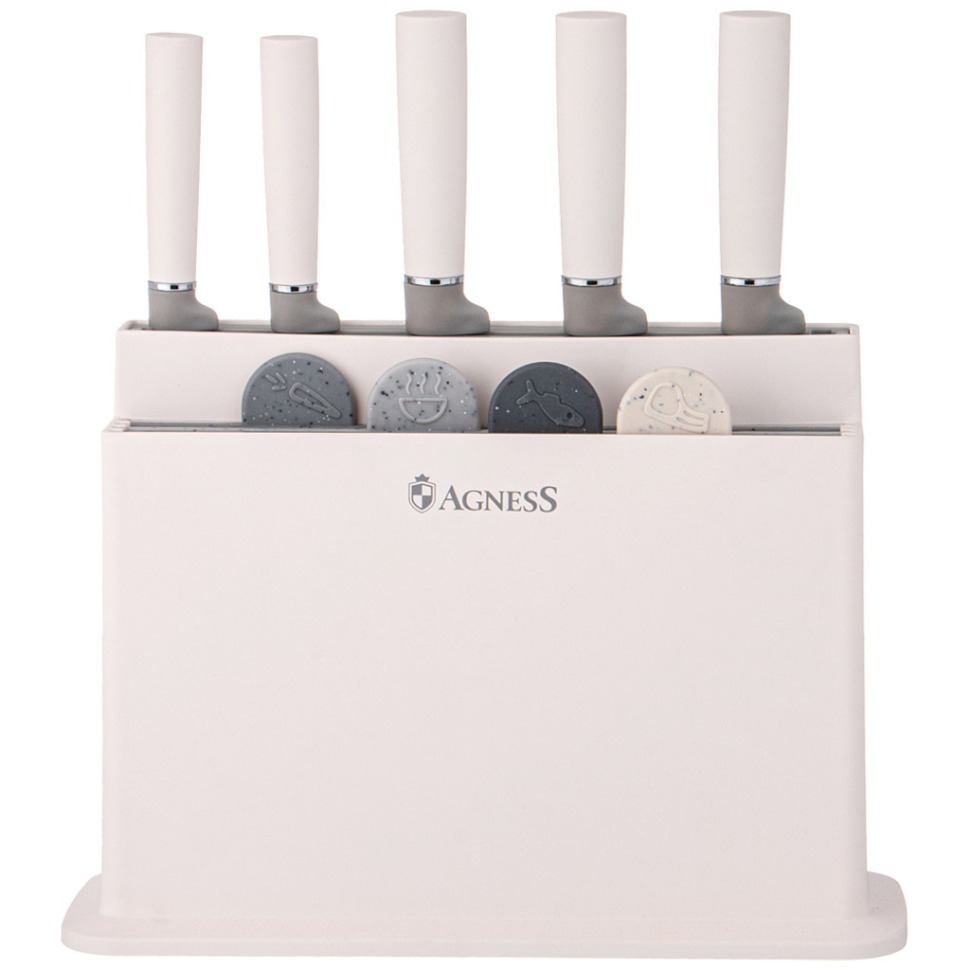 Фото Набор agness из 10пр: 5 ножей, 4 доски и подставка, цвет: бело-серый (671-212)  - интернет-магазин МегаТерем в Москве