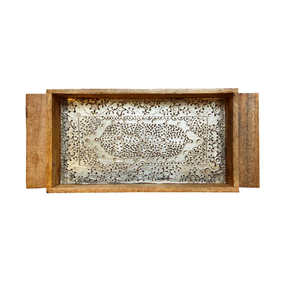 Фото Поднос HD-AM-75, дерево, металл, Light burnt with ant. silver metal finish, ROOMERS FURNITURE - интернет-магазин МегаТерем в Москве