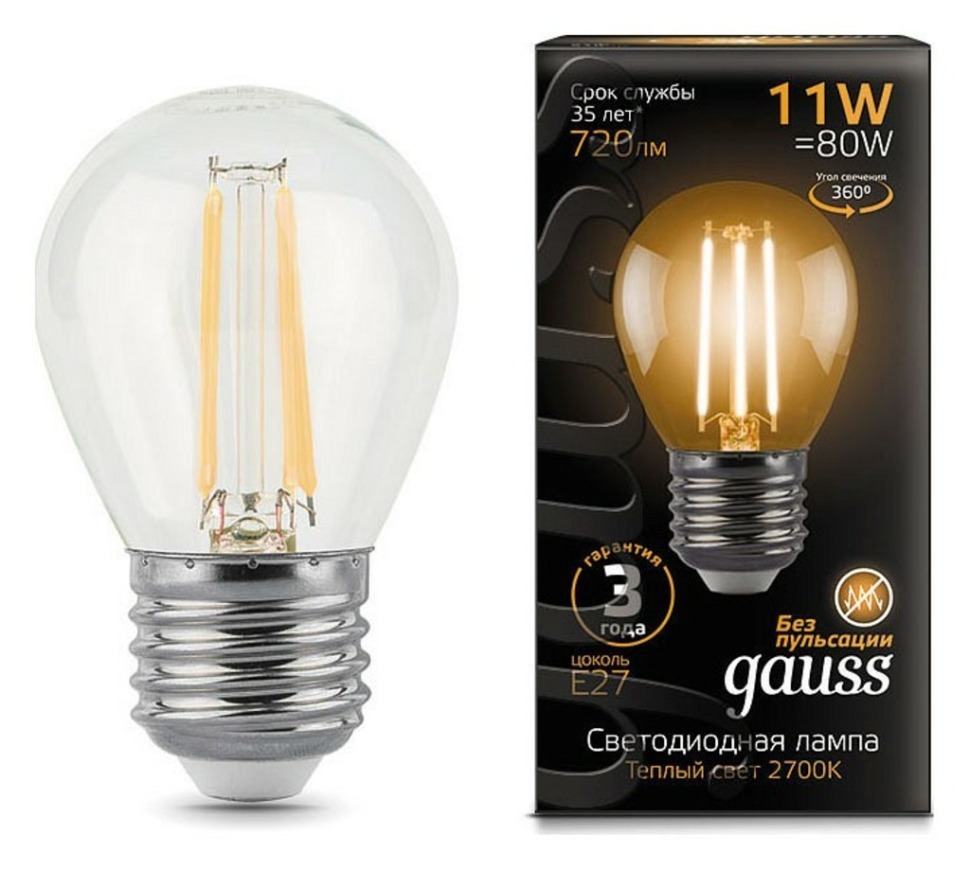 Фото Лампа светодиодная Gauss LED Filament E27 11Вт 2700K 105802111 GA_105802111 - интернет-магазин МегаТерем в Москве