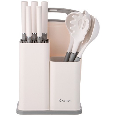Набор agness из 12пр: 5 ножей,доска,подставка,половник,ложка,лопатка,шумовка,ложка для спагетти (671-213) 