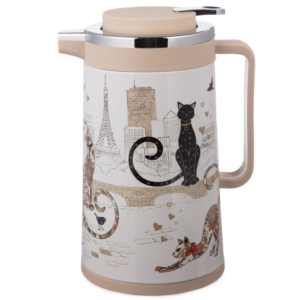 Фото Термос со стеклянной колбой, 950 мл, крышка с клапаном, серия парижские коты Agness (734-207) - интернет-магазин МегаТерем в Москве