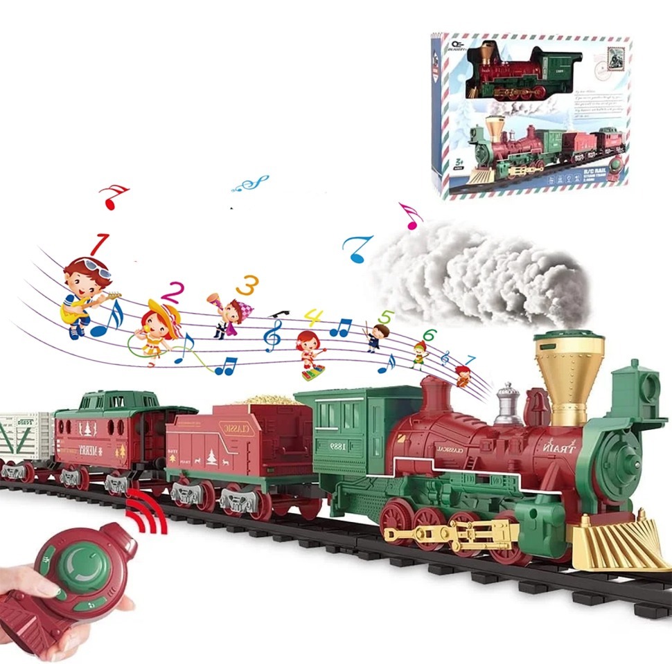 Фото Железная дорога Новогодний поезд Fenfa (3 вагона, пар, пульт, свет, звук) (1613F) - интернет-магазин МегаТерем в Москве