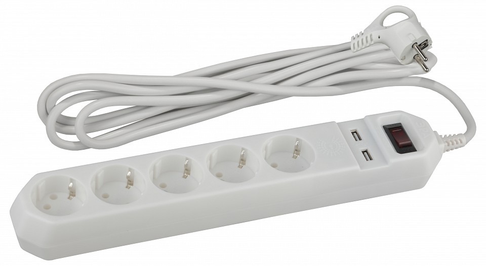 Фото Удлинитель с выключателем Эра  USF-5es-1.5m-USB-W ER_B0019037 - интернет-магазин МегаТерем в Москве