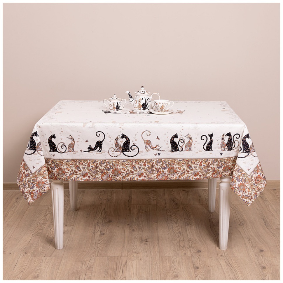 Фото Скатерть  парижские коты 140х180см ,белый ,100% хлопок ,твил с пропиткой Lefard (850-746-2) - интернет-магазин МегаТерем в Москве