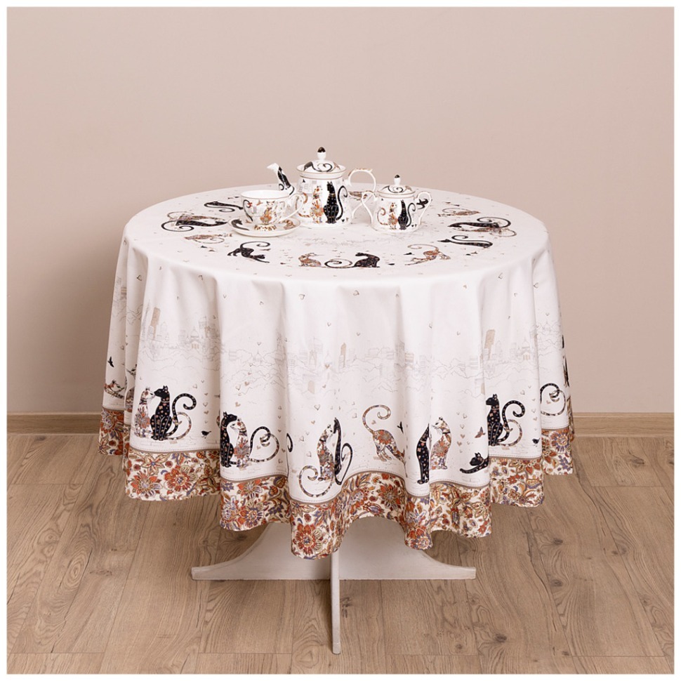 Фото Скатерть парижские коты круглая 190 см твилл водооталкивающая  пропитка Lefard (850-746-22) - интернет-магазин МегаТерем в Москве