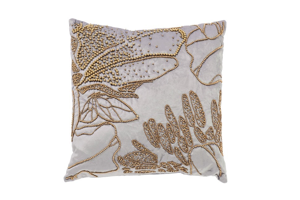 Фото Подушка с бисером Пионы серый  45*45см (TT-00014384) - интернет-магазин МегаТерем в Москве