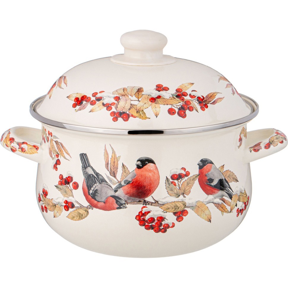 Фото Кастрюля agness эмалированная с эмал.крышкой серия снегири, 2.8 л, 20*12 см (934-732)  - интернет-магазин МегаТерем в Москве