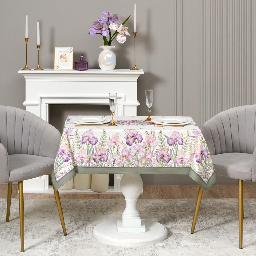 Фото Скатерть ирисы 110х140см ,белый, 100% хлопок,твил пропитка Lefard (850-743-20) - интернет-магазин МегаТерем в Москве