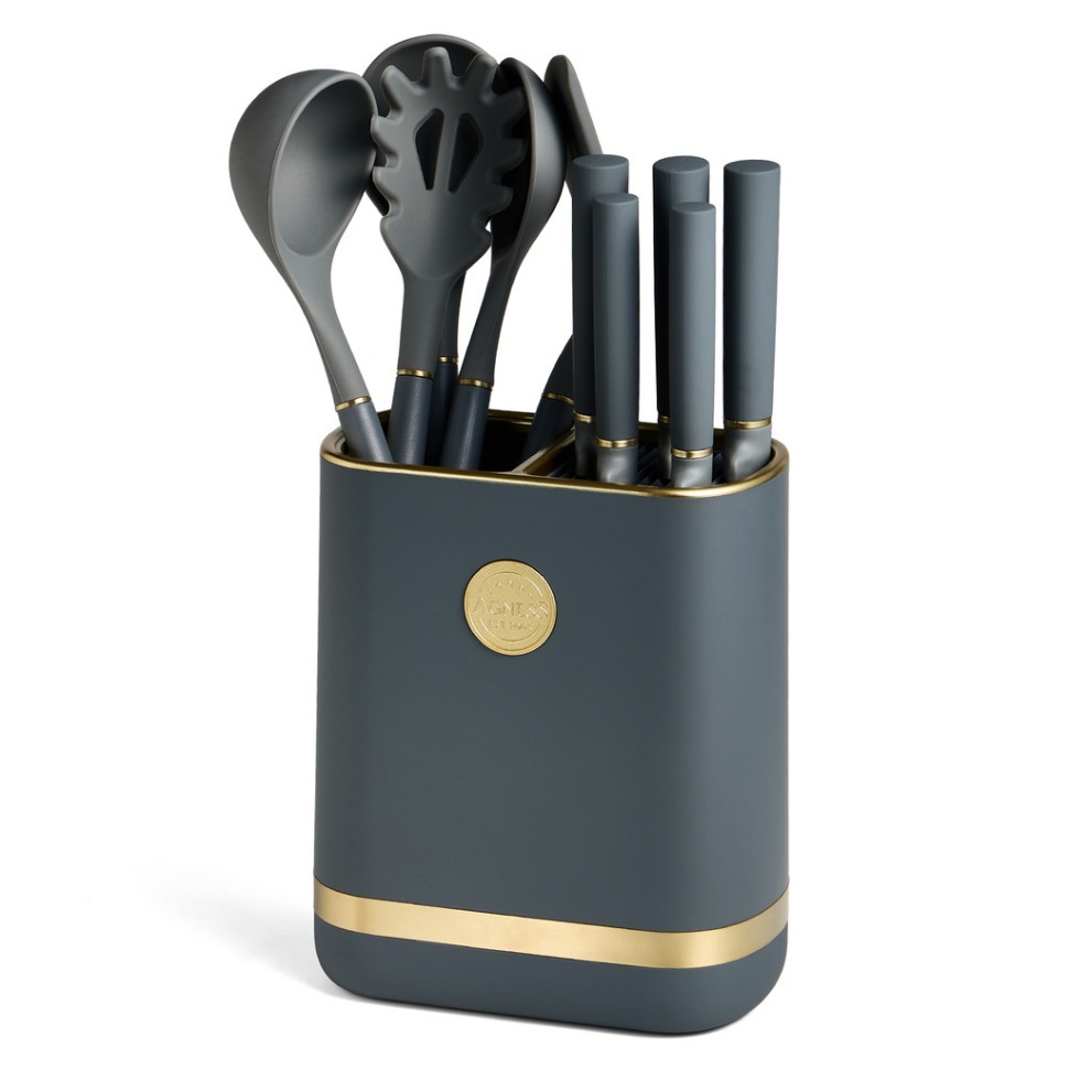 Фото Набор agness из 11пр: 5 ножей,подставка,половник,ложка,лопатка,шумовка,ложка для спагетти (671-222)  - интернет-магазин МегаТерем в Москве