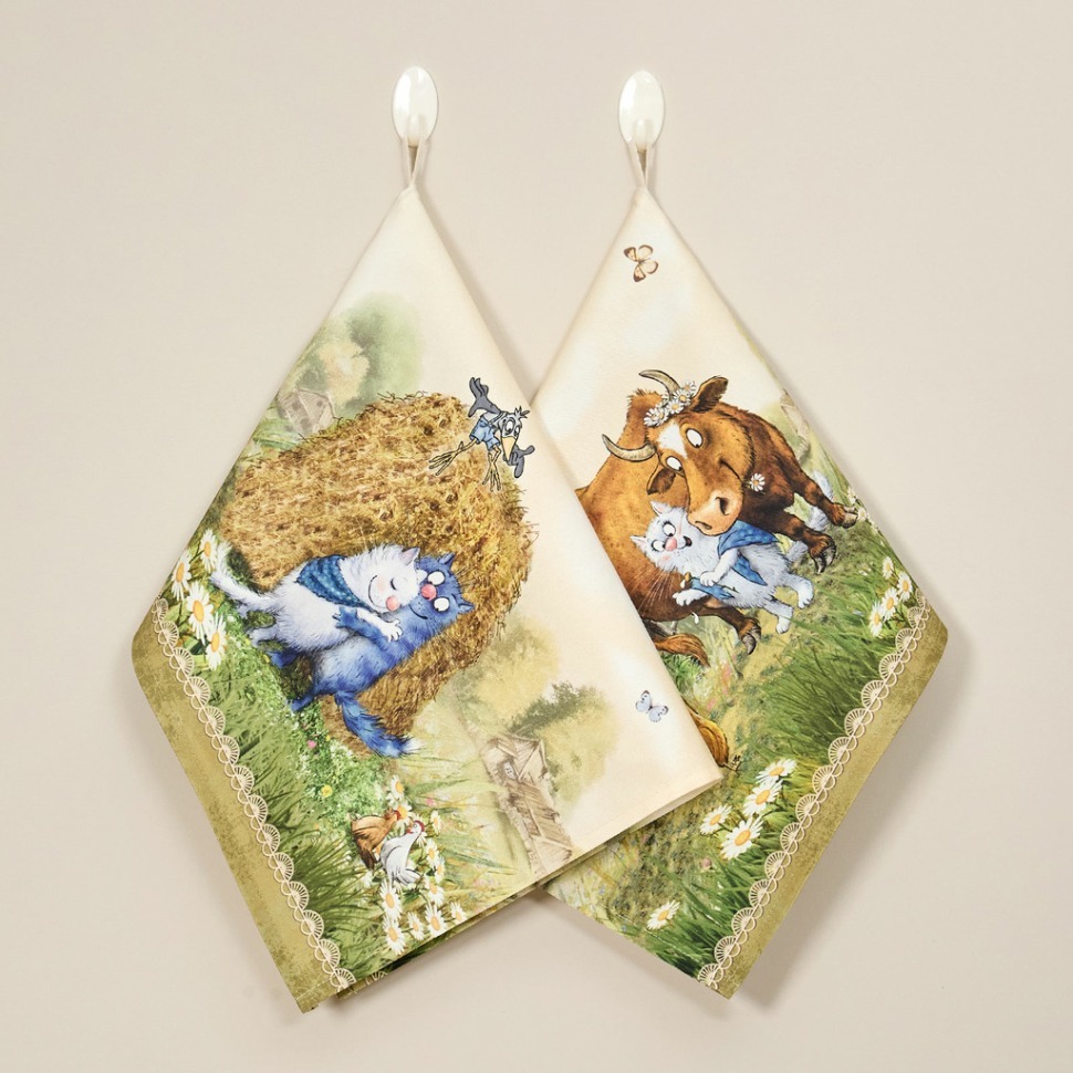 Фото Набор полотенец 2 шт синие коты. про любовь ,40х60 см, 100% хлопок,твил, беж Lefard (850-720-62) - интернет-магазин МегаТерем в Москве