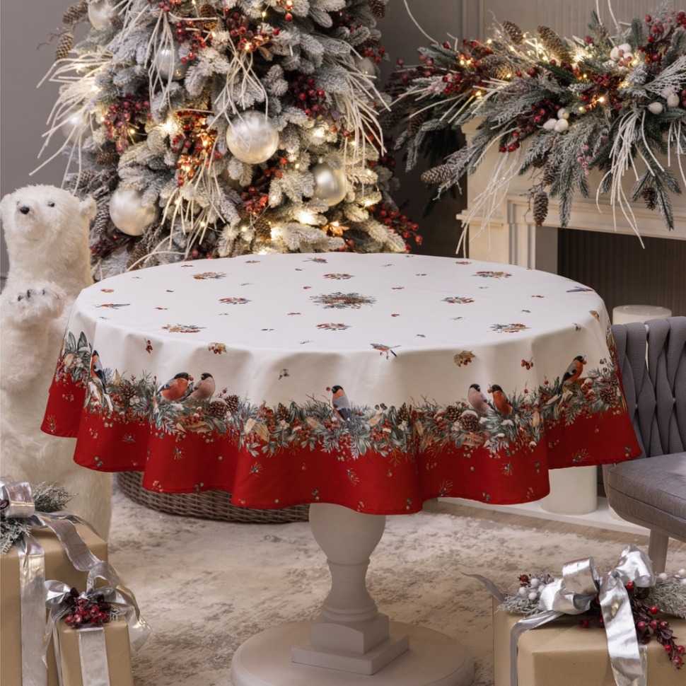 Фото Скатерть круглая морозко . снегири150см ,красный, 100% хлопок ,твил с пропиткой Lefard (850-745-23) - интернет-магазин МегаТерем в Москве