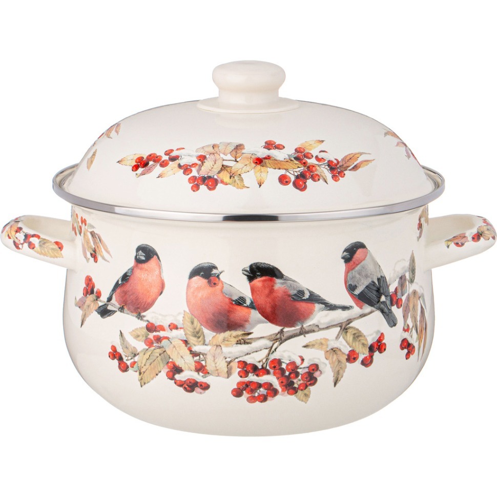 Фото Кастрюля agness эмалированная с эмал.крышкой серия снегири, 3.6 л, 22*13 см (934-733)  - интернет-магазин МегаТерем в Москве