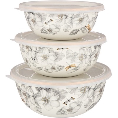 Набор мисок agness эмалирован. с пластик.крышками, серия яблоневый сад, 6пр.14/16/18см, 0,6/0,9/1,3л (950-527) 