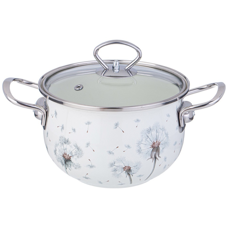 Фото Кастрюля agness эмалированная со стеклянной крышкой серия dandelion, 2,0 л диа. 18см (943-056)  - интернет-магазин МегаТерем в Москве