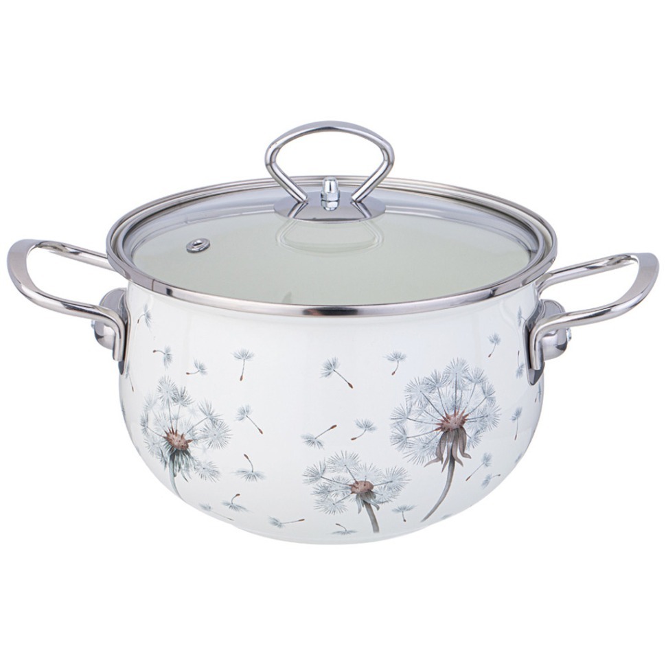 Фото Кастрюля agness эмалированная со стеклянной крышкой серия dandelion, 2,8 л диа. 20см (943-057)  - интернет-магазин МегаТерем в Москве