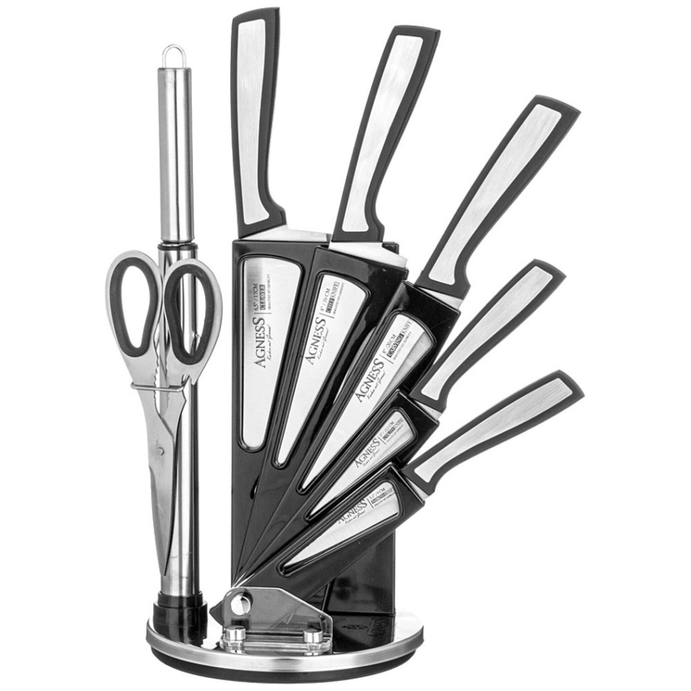 Фото Набор ножей agness с ножницами и мусатом на пластиковой подставке, 8 предметов (911-769)  - интернет-магазин МегаТерем в Москве