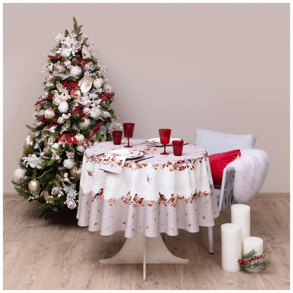 Фото Скатерть круглая лесная сказка .снегири 190см , серый ,100% хлопок ,твил с пропиткой Lefard (850-744-22) - интернет-магазин МегаТерем в Москве
