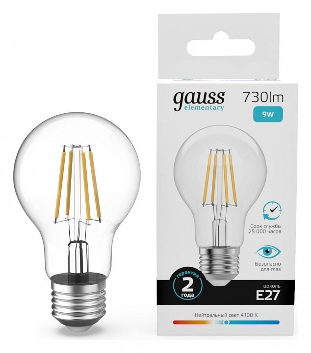 Фото Лампа светодиодная Gauss Filament Elementary E27 9Вт 4100K 22229 GA_22229 - интернет-магазин МегаТерем в Москве