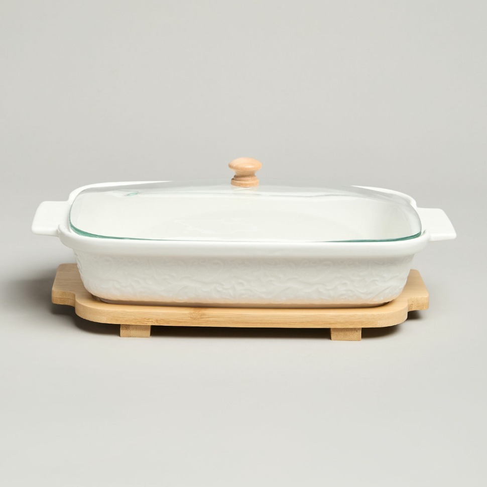 Фото Блюдо для выпекания и сервировки lefard muse со стекл.крышкой на дер.подставке 27,5*17*9см 900мл (587-242)  - интернет-магазин МегаТерем в Москве