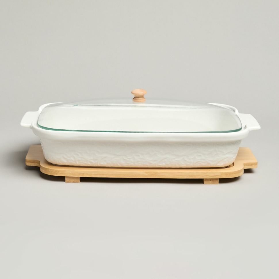 Фото Блюдо для выпекания и сервировки lefard muse со стекл.крышкой на дер.подставке 34,5*21*11см 1400мл (587-243)  - интернет-магазин МегаТерем в Москве