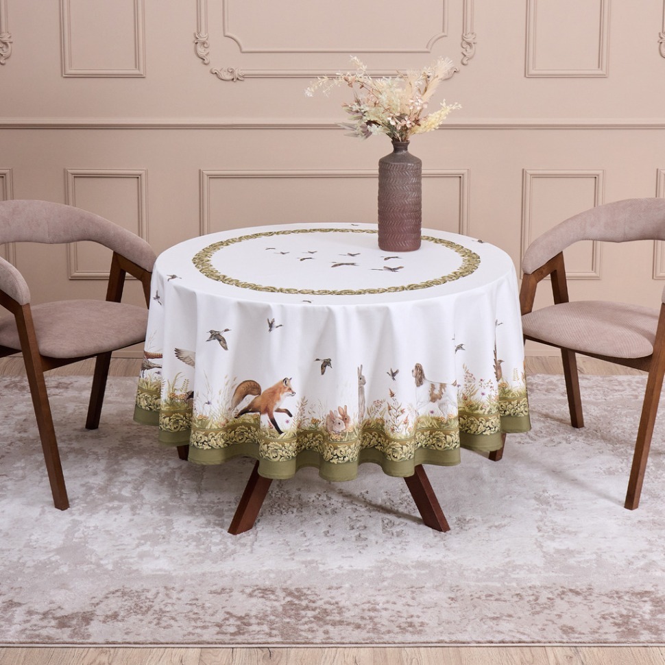 Фото Скатерть круглая охота190 см ,100% хлопок,зеленый, твил, пропитка Lefard (850-751-22) - интернет-магазин МегаТерем в Москве