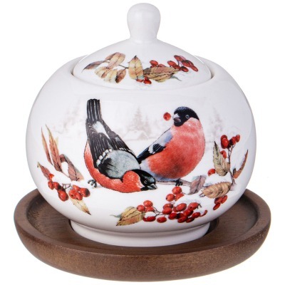 Сахарница lefard "лесная сказка" снегири 380 мл на дерев. подставке (85-2024) 