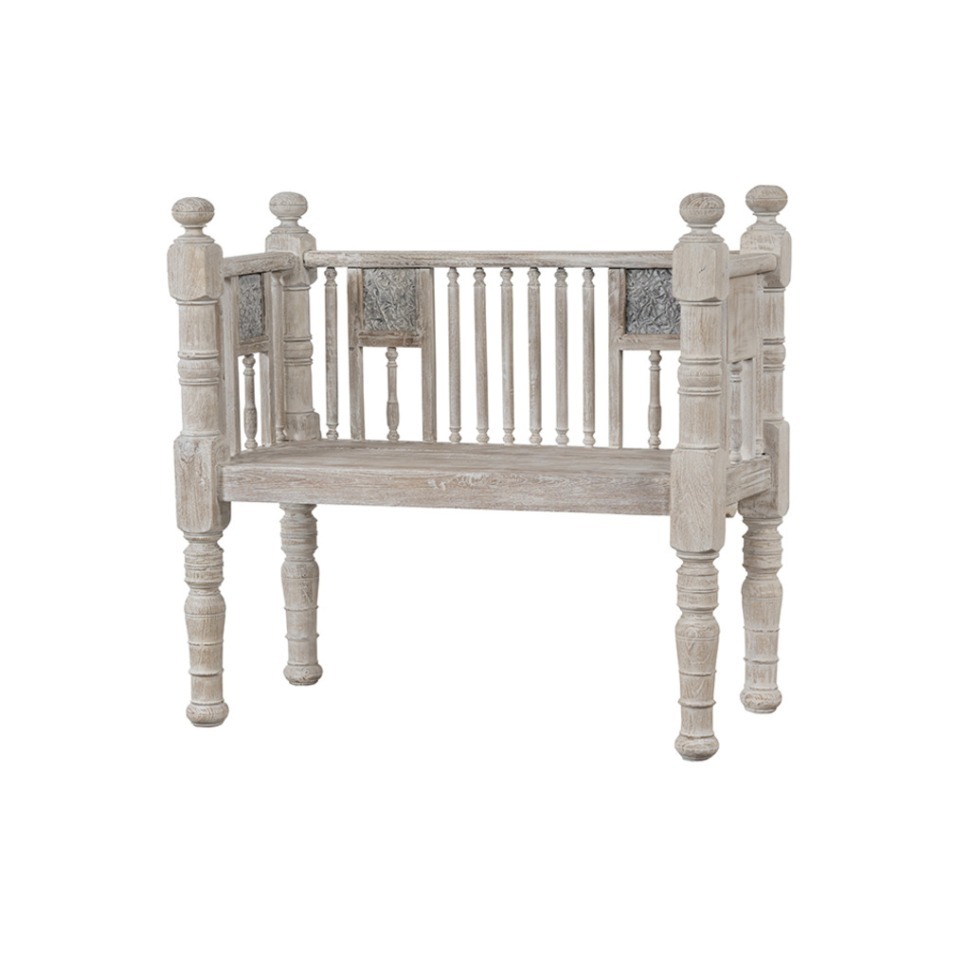 Фото Лавка XIX век, Индия PA14864-W, Тиковое дерево, bleached white, ROOMERS ANTIQUE - интернет-магазин МегаТерем в Москве