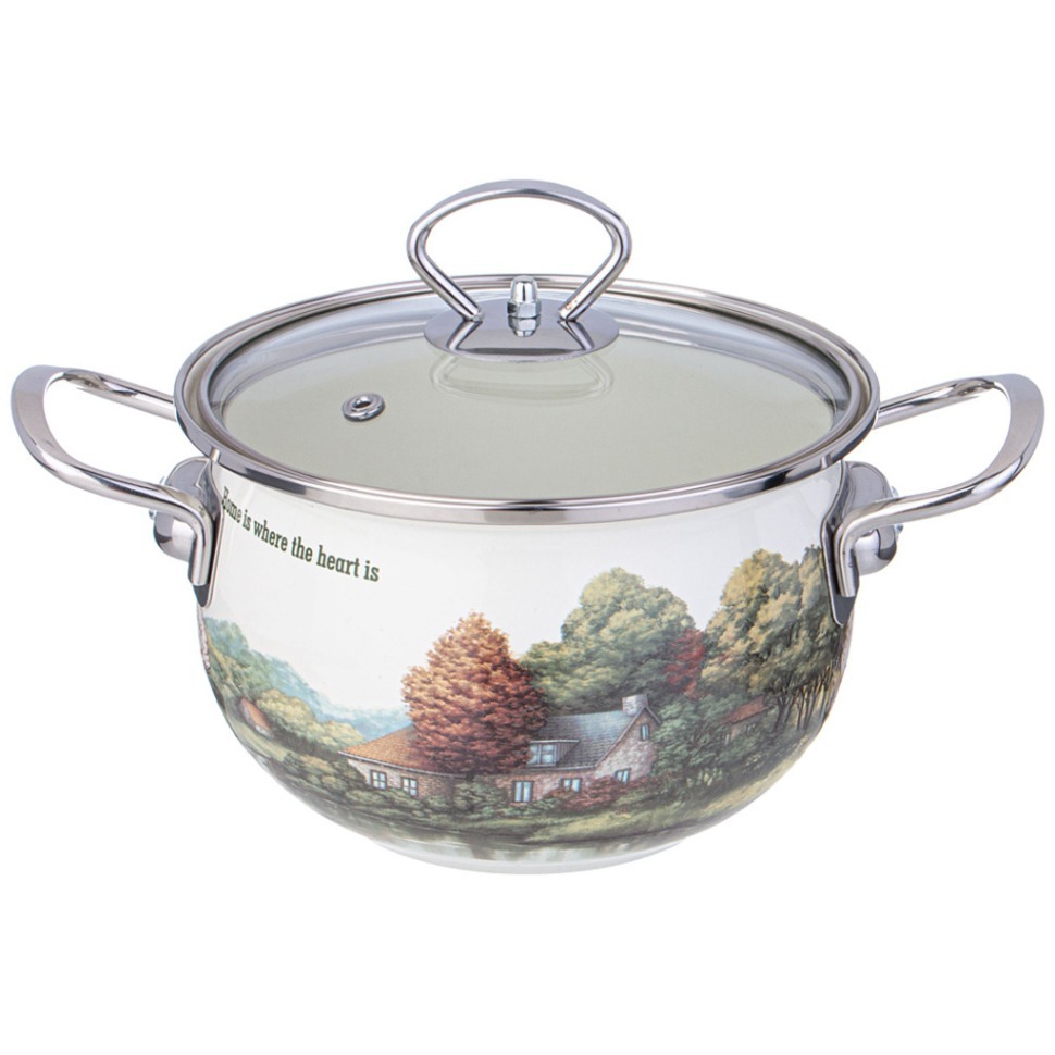 Фото Кастрюля agness эмалированная со стеклянной крышкой серия family house, 2 л диа.18см (943-066)  - интернет-магазин МегаТерем в Москве