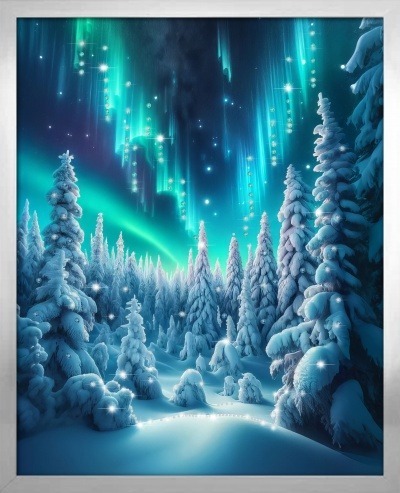 Фото Картина СЕВЕРНОЕ СИЯНИЕ В СНЕЖНОМ ЛЕСУ с кристаллами Swarovski (3107) - интернет-магазин МегаТерем в Москве