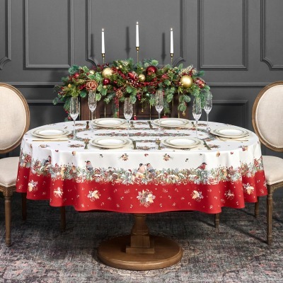 Скатерть овальная "морозко.снегири" 160х220см ,красный, 100% хлопок,твил пропитка (850-745-41) 