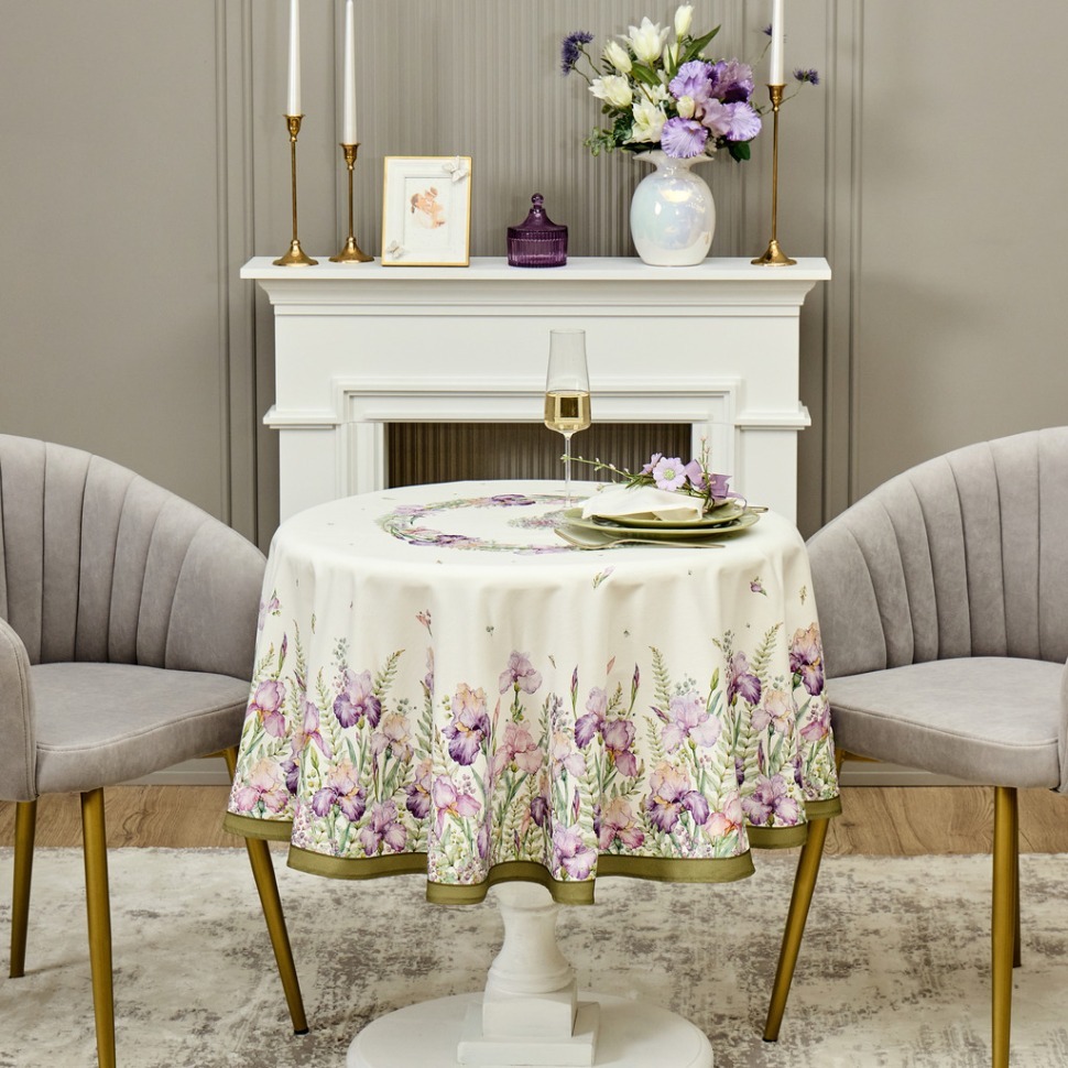 Фото Скатерть круглая   ирисы 150см белая ,100% хлопок ,твил, с пропиткой Lefard (850-743-23) - интернет-магазин МегаТерем в Москве