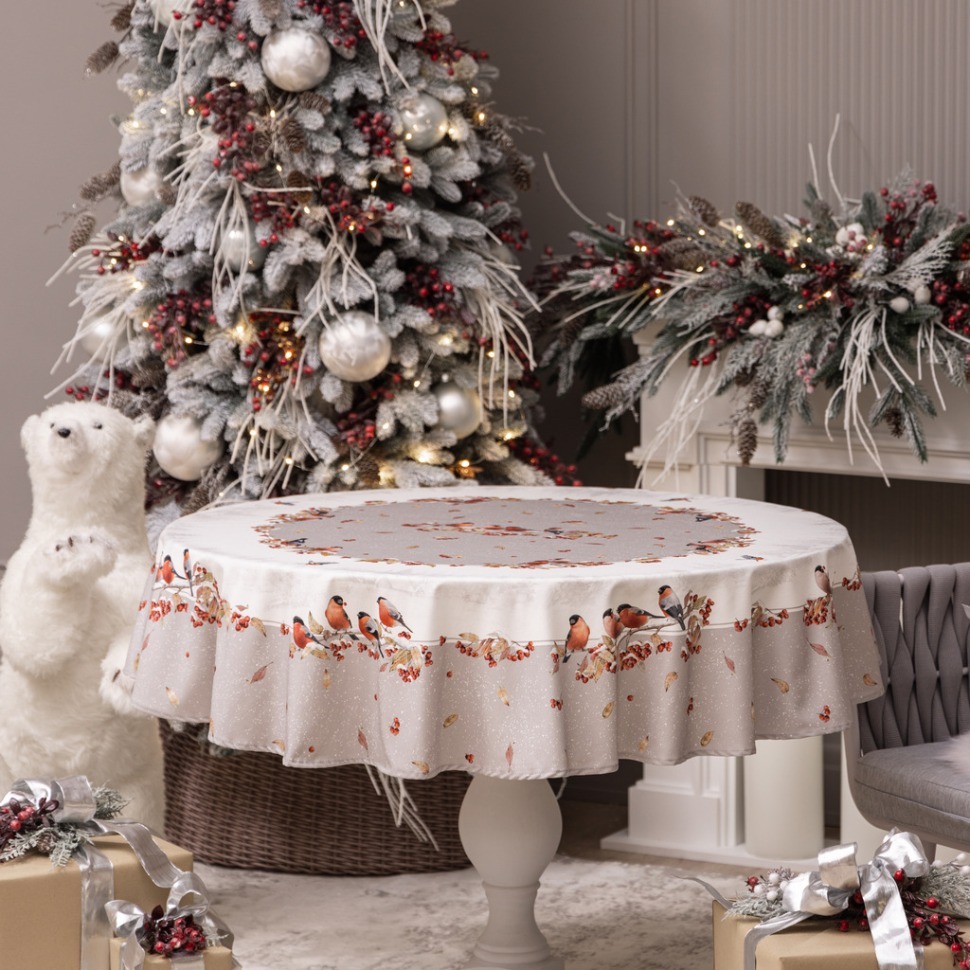 Фото Скатерть круглая  лесная сказка  снегири  150см ,серый, 100% хлопок ,твил  с пропиткой Lefard (850-744-23) - интернет-магазин МегаТерем в Москве