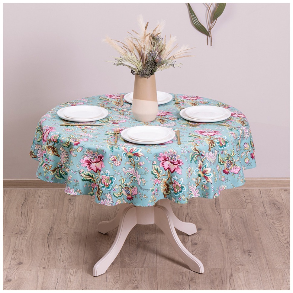 Фото Скатерть круглая райский сад d145 см, 100% хлопок,бирюза, SANTALINO (850-818-24) - интернет-магазин МегаТерем в Москве