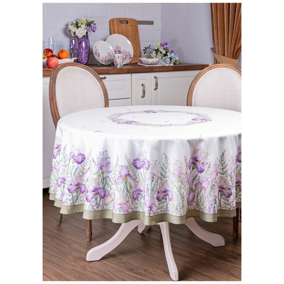 Фото Скатерть круглая ирисы 190см ,белый, 100% хлопок, твил, с пропиткой Lefard (850-743-22) - интернет-магазин МегаТерем в Москве