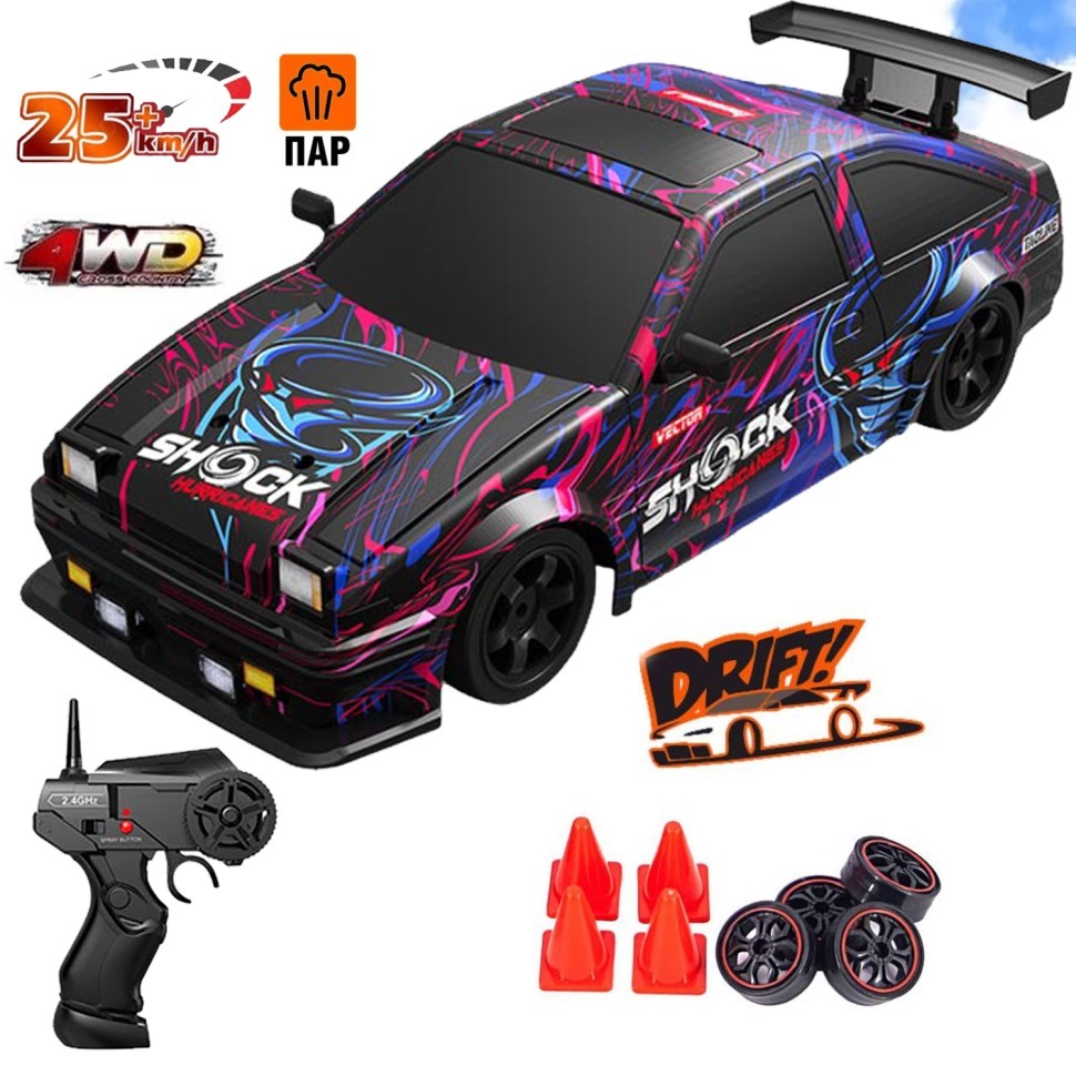 Фото Радиоуправляемая машина для дрифта HB Toyota AE86 (4WD, свет, пар, акб, 1:16) - SC16A15 - интернет-магазин МегаТерем в Москве