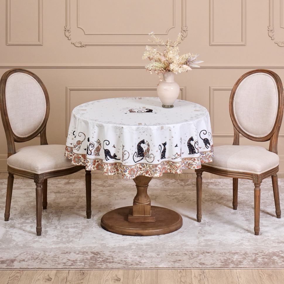 Фото Скатерть круглая парижские коты ,150 см, твилл ,белый,пропитка Lefard (850-746-23) - интернет-магазин МегаТерем в Москве