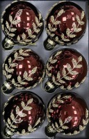 Набор стеклянных шаров  ø 8 см 6 шт. бордовый с золотой веткой в дисплее (87229) 