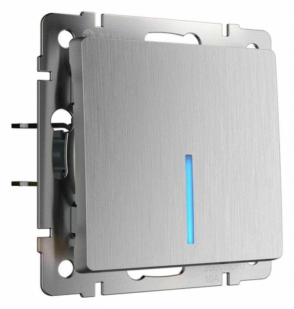 Фото Выключатель проходной одноклавишный с подсветкой без рамки Werkel cеребряный рифленый W1112109 WRK_a051361 - интернет-магазин МегаТерем в Москве