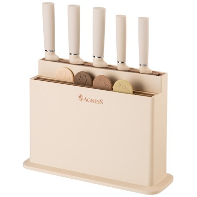 Набор agness из 10пр: 5 ножей, 4 доски и подставка, цвет: бежевый (671-202) 