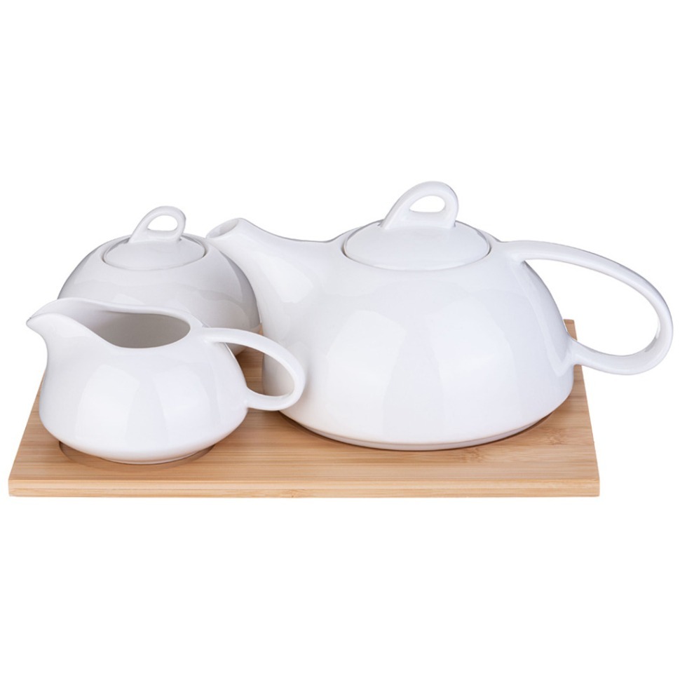 Фото Набор для чая lefard native 3 пр.: чайник, сахарница, молочник на дерев. подставке (587-197)  - интернет-магазин МегаТерем в Москве