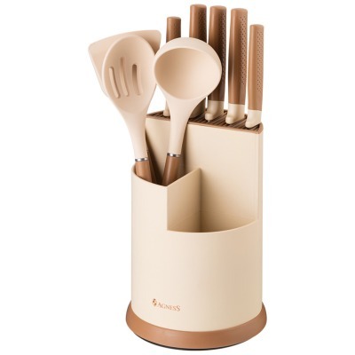 Набор agness из 9пр: 5 ножей, половник, лопатка и шумовка, вращающаяся подставка (671-204) 