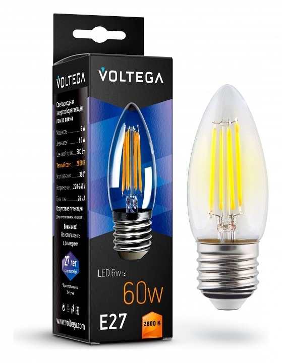 Фото Лампа светодиодная Voltega свеча (Candle) E27 6Вт E27 6Вт 2800K 7046 VLG_7046 - интернет-магазин МегаТерем в Москве