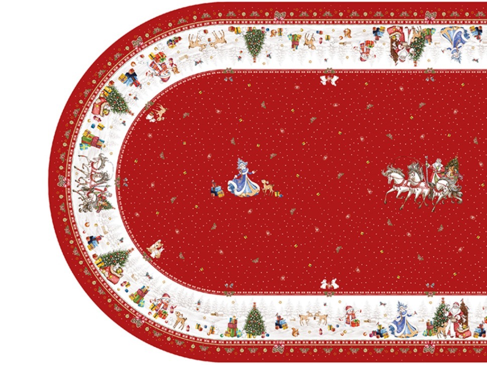 Фото Скатерть овальная с новым годом 140х300см ,красный, 100% хлопок,твил пропитка Lefard (850-763-42) - интернет-магазин МегаТерем в Москве