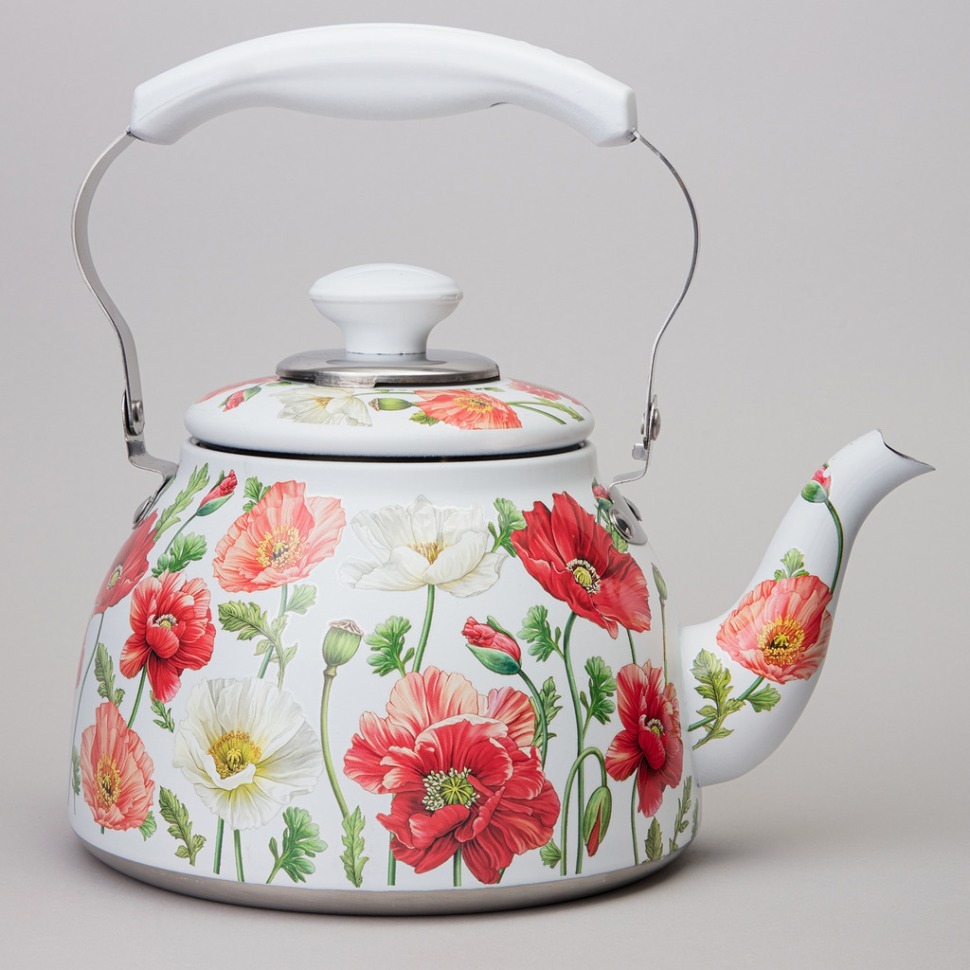Фото Чайник agness белые маки со встроенным свистком и фильтром 1500 мл (916-436)  - интернет-магазин МегаТерем в Москве