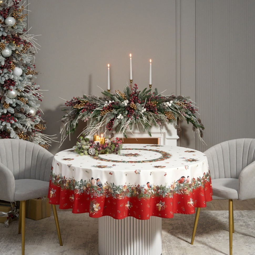 Фото Скатерть круглая морозко.снегири 190см ,красный, 100% хлопок, твил, с пропиткой Lefard (850-745-22) - интернет-магазин МегаТерем в Москве